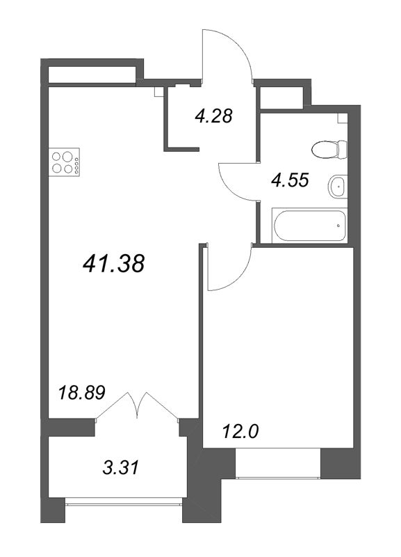 2-комнатная (Евро) квартира, 41.38 м² - планировка, фото №1