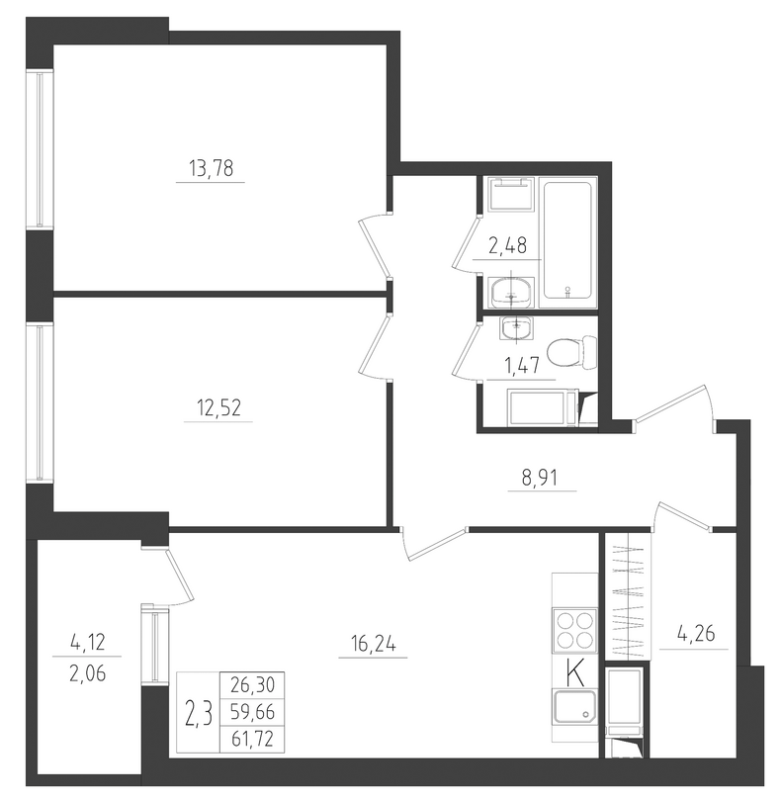 3-комнатная (Евро) квартира, 61.72 м² - планировка, фото №1