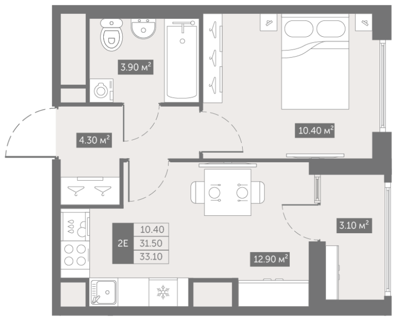 1-комнатная квартира, 33.1 м² в ЖК "Квартал «Новый Московский»" - планировка, фото №1