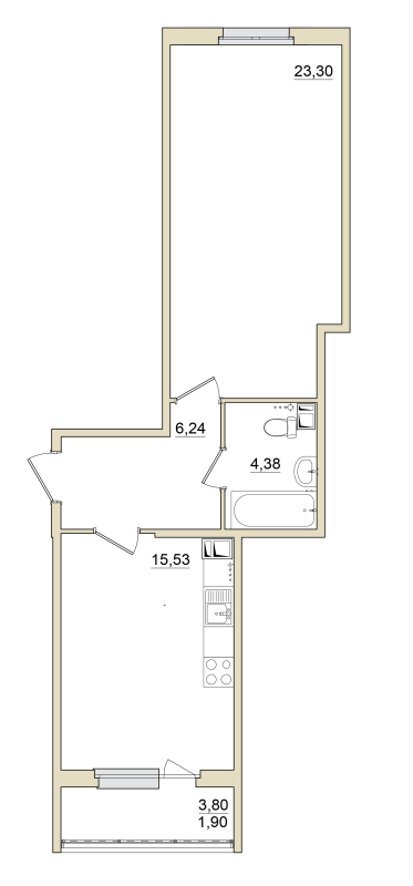 1-комнатная квартира, 52.2 м² - планировка, фото №1