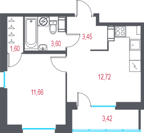 1-комнатная квартира, 34.74 м² - планировка, фото №1