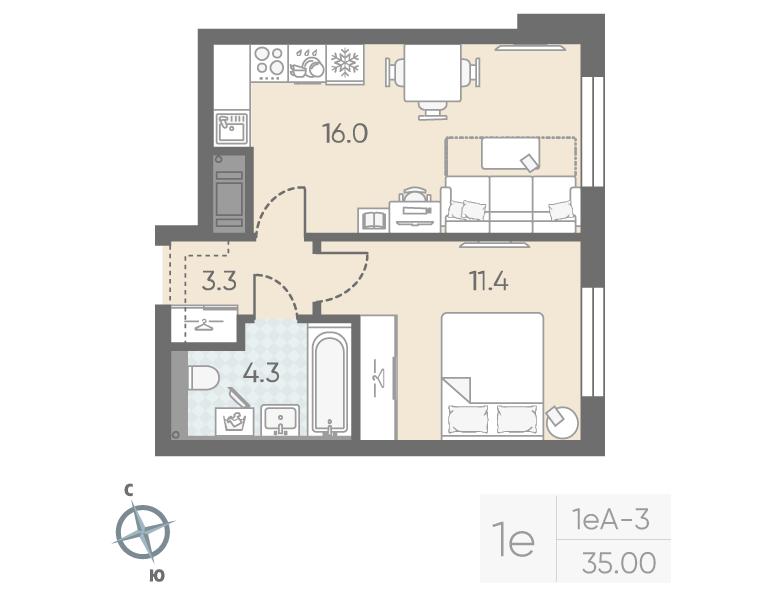 2-комнатная (Евро) квартира, 35 м² в ЖК "Большая Охта" - планировка, фото №1