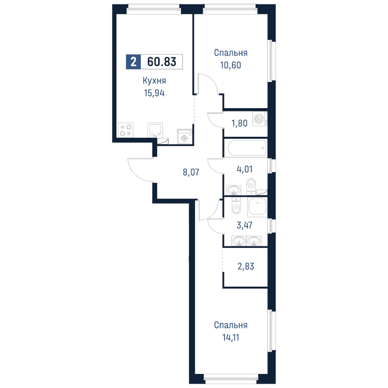 3-комнатная (Евро) квартира, 60.83 м² в ЖК "Максималист" - планировка, фото №1