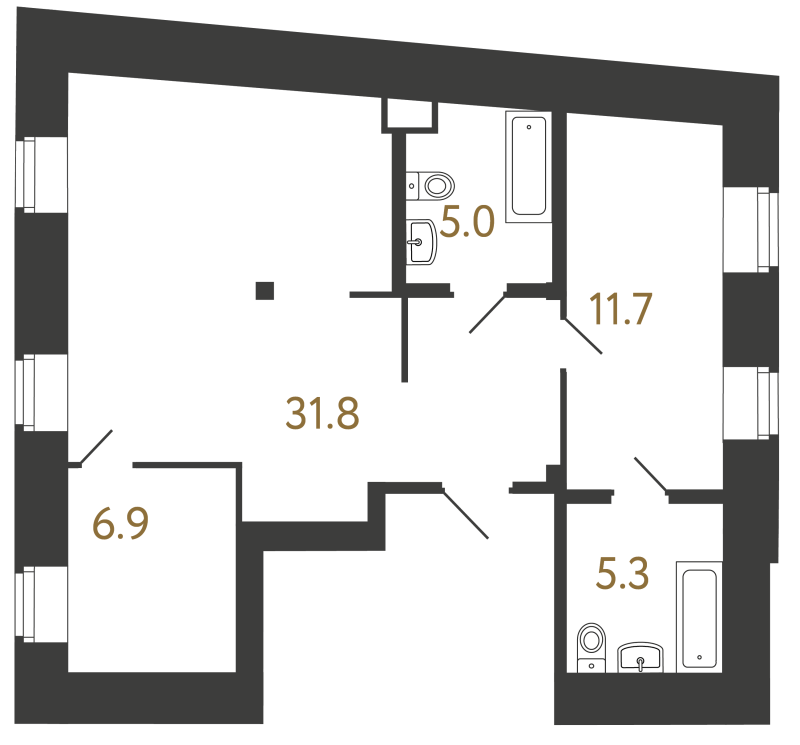 3-комнатная (Евро) квартира, 60.7 м² в ЖК "Типография" - планировка, фото №1