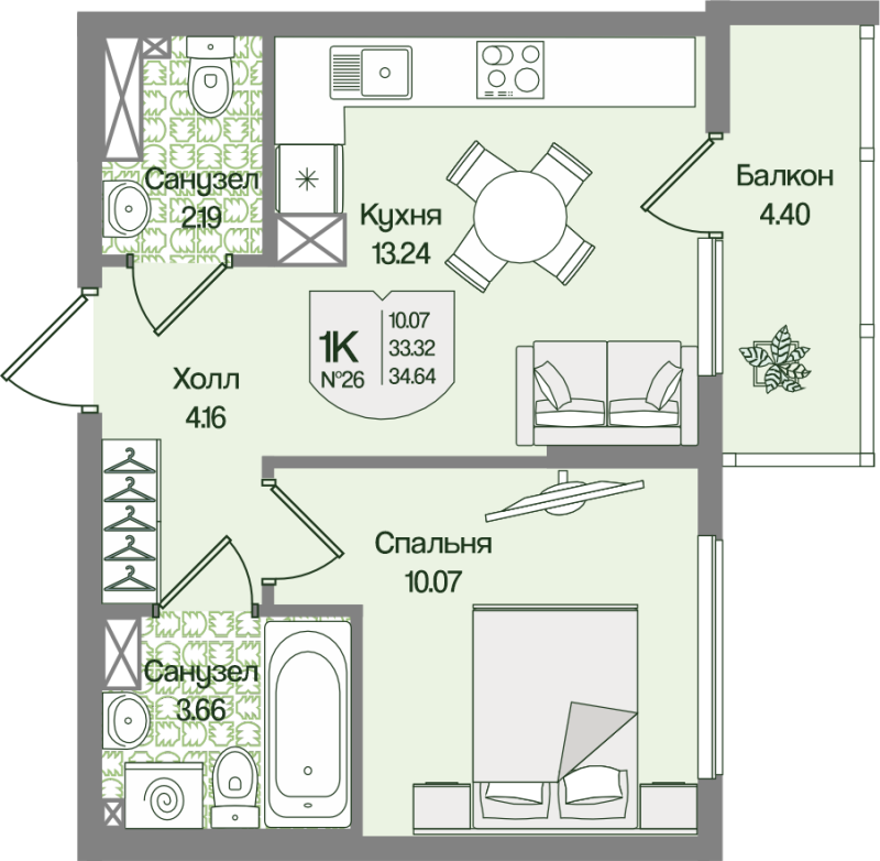 1-комнатная квартира, 34.64 м² в ЖК "Охтинские высоты" - планировка, фото №1