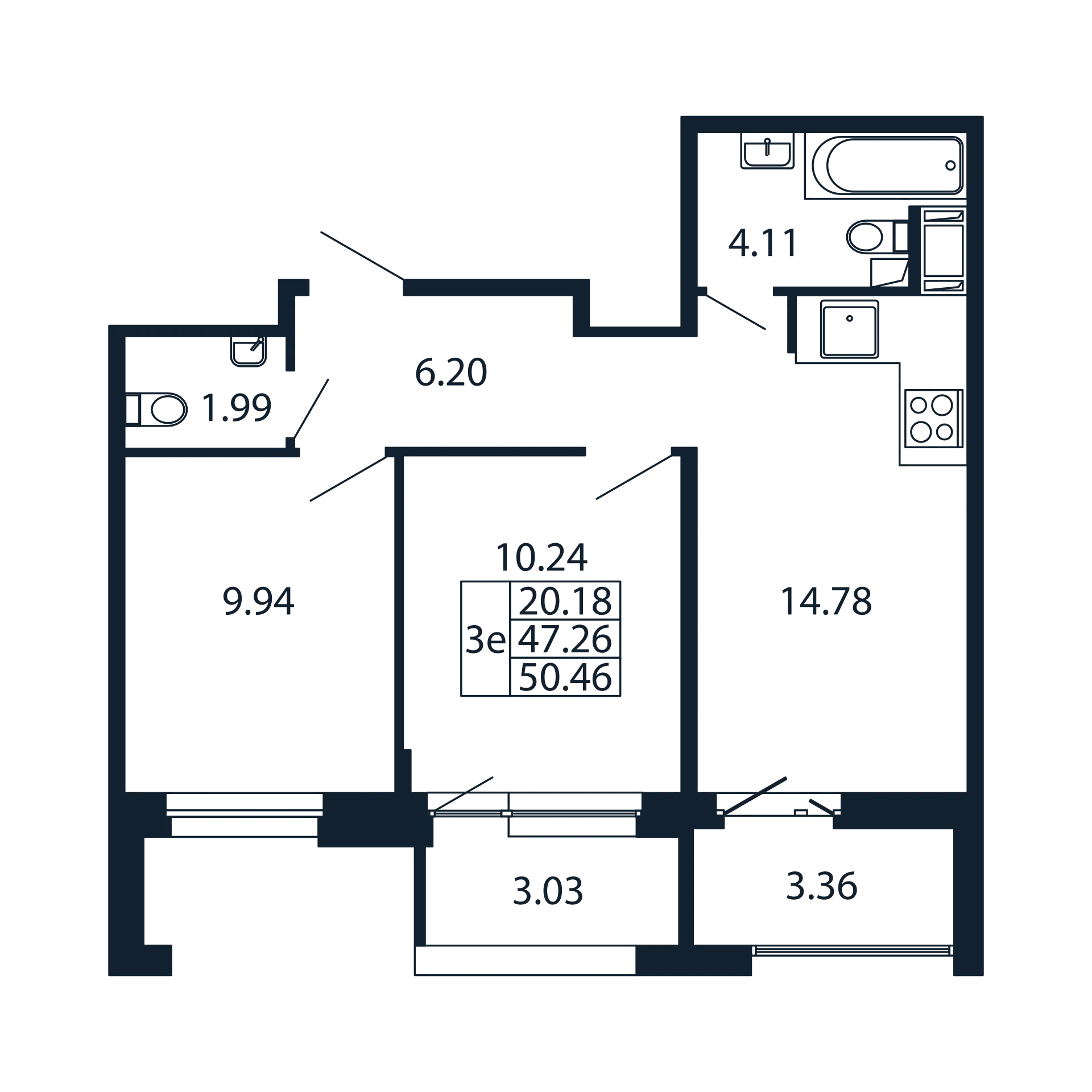 2-комнатная квартира, 47.26 м² - планировка, фото №1