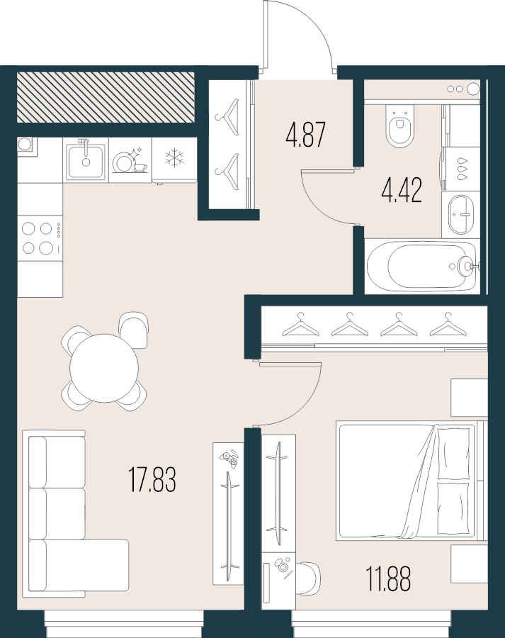 2-комнатная (Евро) квартира, 39 м² в ЖК "Новая Земля" - планировка, фото №1