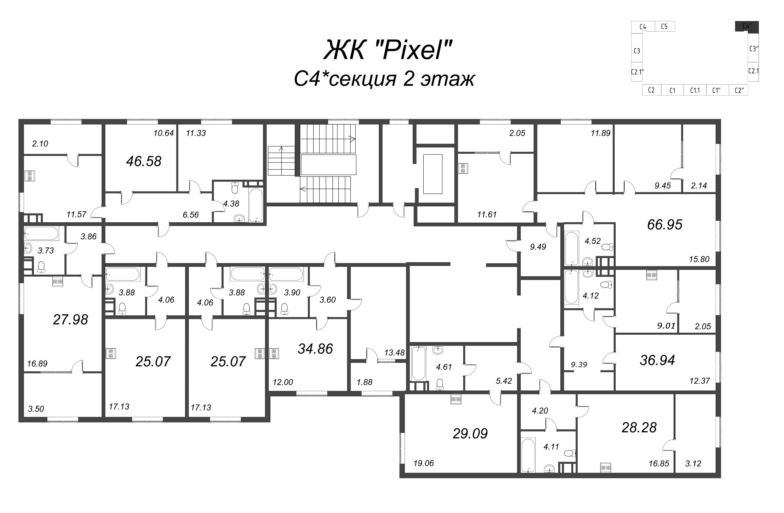 Квартира-студия, 25.07 м² в ЖК "Pixel" - планировка этажа