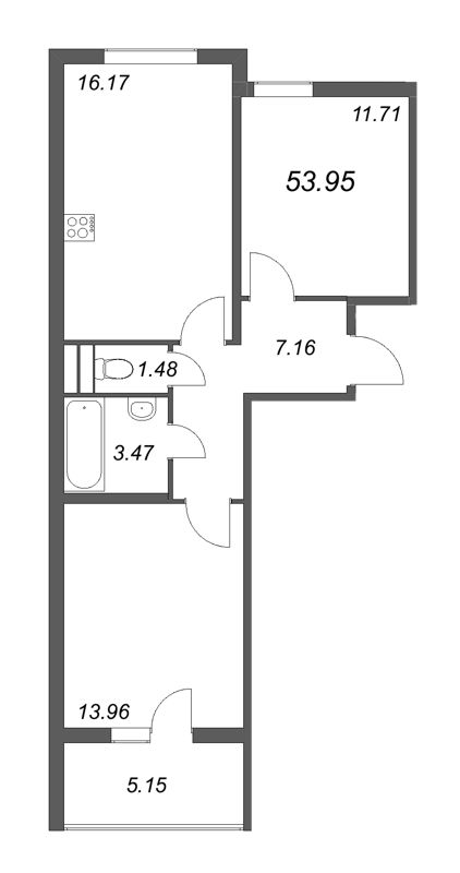 3-комнатная (Евро) квартира, 53.95 м² - планировка, фото №1