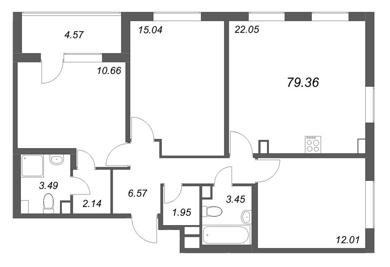 4-комнатная (Евро) квартира, 79.36 м² в ЖК "Любоград" - планировка, фото №1