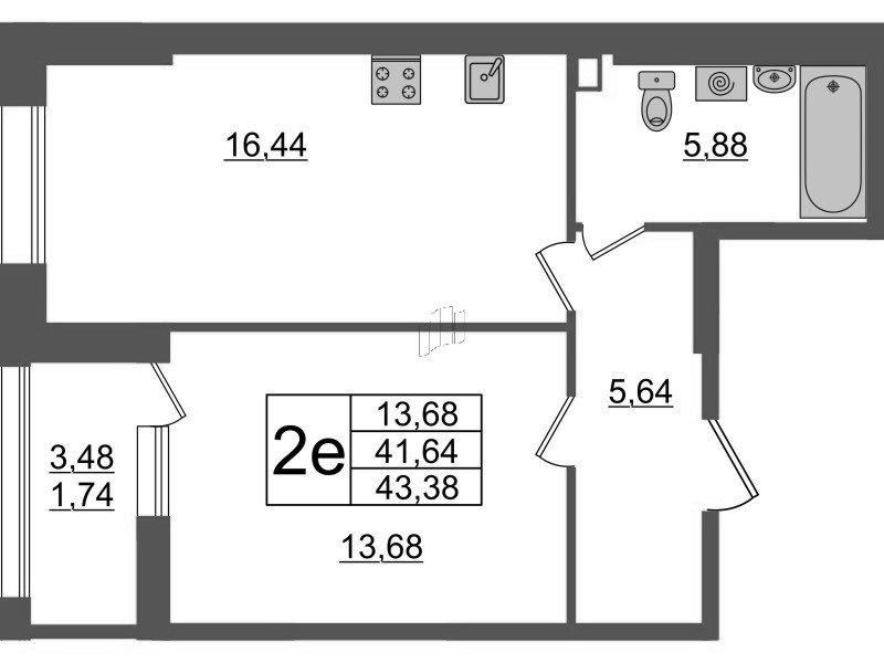 2-комнатная (Евро) квартира, 43.38 м² в ЖК "Аквилон Leaves" - планировка, фото №1