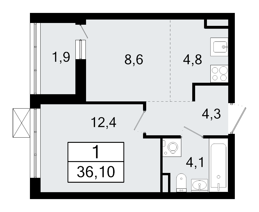 1-комнатная квартира, 36.1 м² - планировка, фото №1