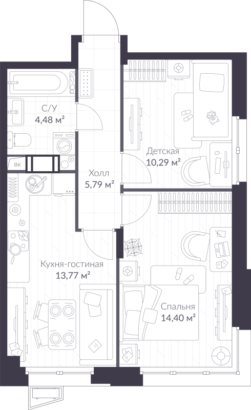 2-комнатная квартира, 48.73 м² в ЖК "VEREN NORT сертолово" - планировка, фото №1