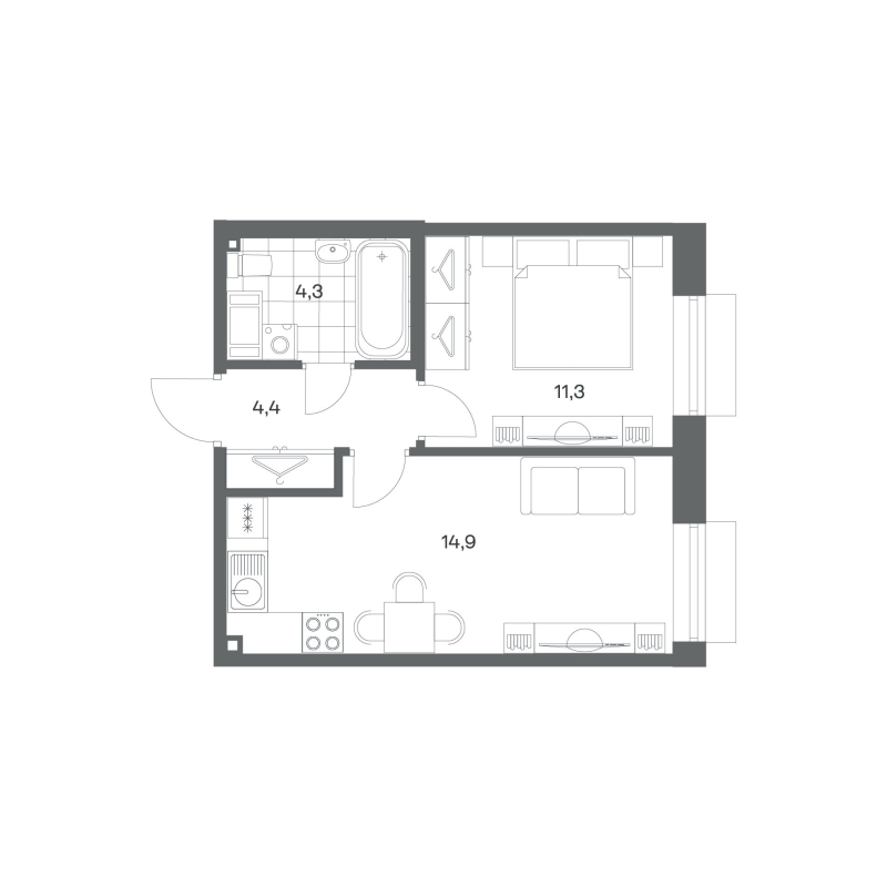 1-комнатная квартира, 34.9 м² в ЖК "Парусная 1" - планировка, фото №1