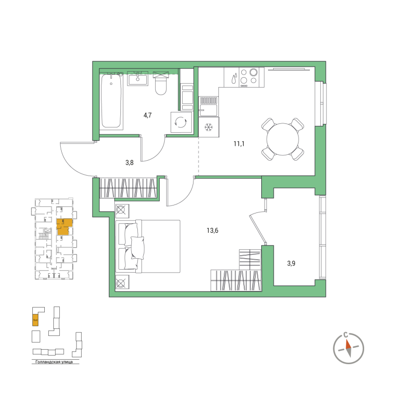 1-комнатная квартира, 35.2 м² в ЖК "Янила Форест" - планировка, фото №1