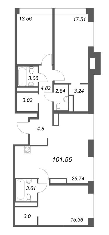 4-комнатная (Евро) квартира, 101.56 м² - планировка, фото №1