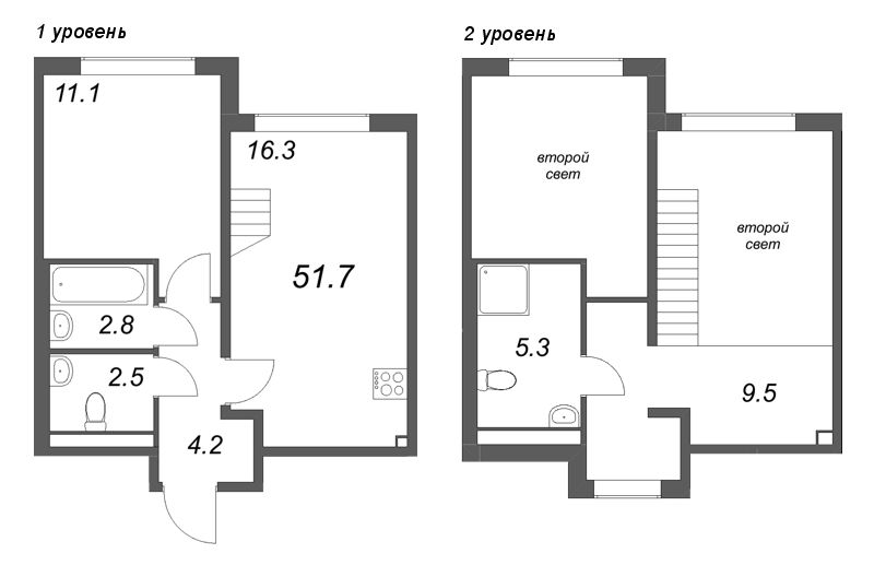 3-комнатная (Евро) квартира, 51.7 м² в ЖК "Пулково Лейк" - планировка, фото №1