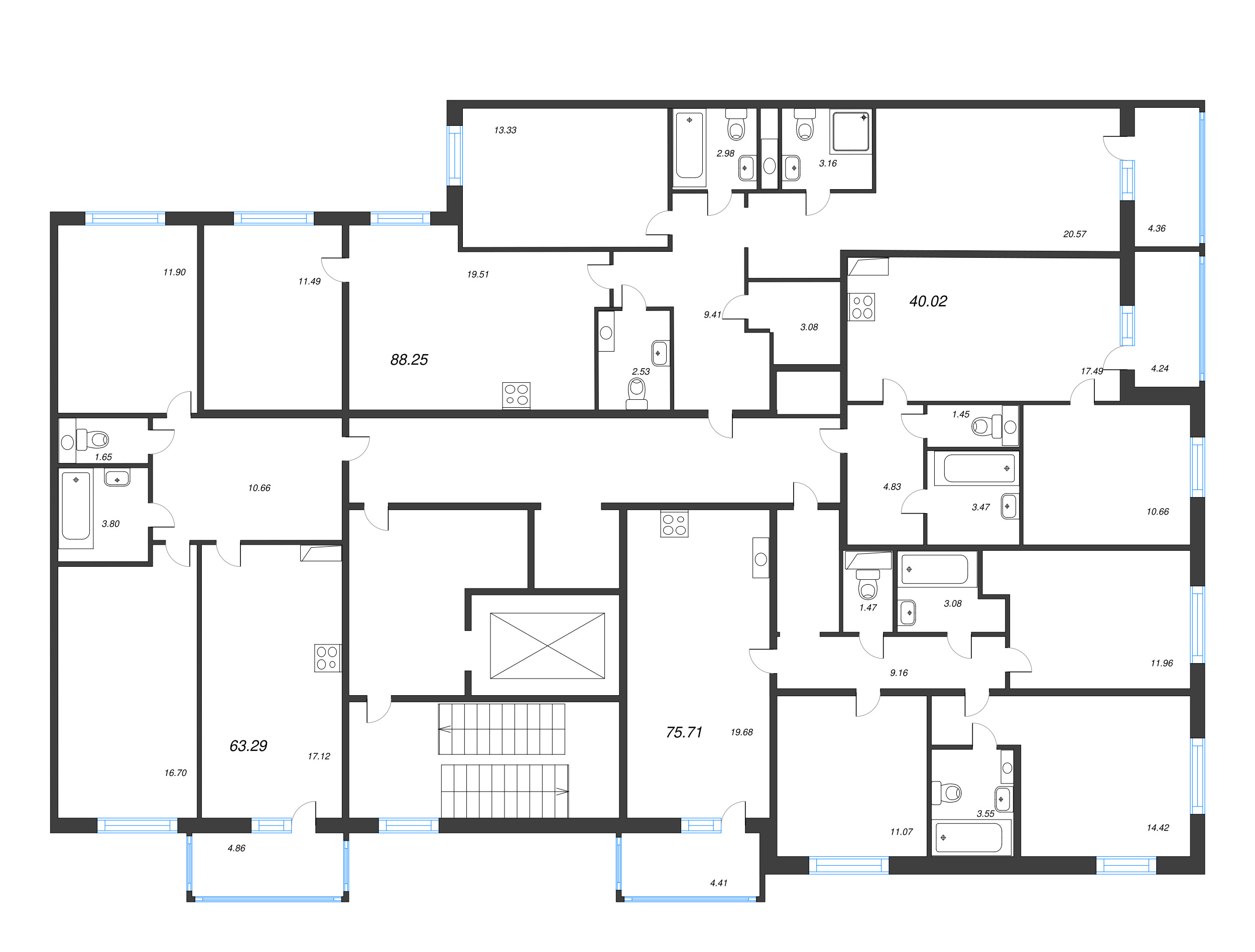 3-комнатная квартира, 90.43 м² - планировка этажа
