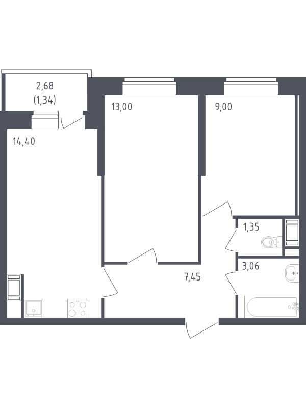 2-комнатная квартира, 49.6 м² в ЖК "Живи! В Рыбацком" - планировка, фото №1