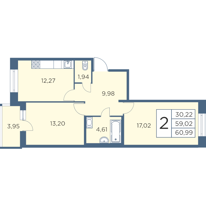 2-комнатная квартира, 60.99 м² в ЖК "Новый Лесснер" - планировка, фото №1