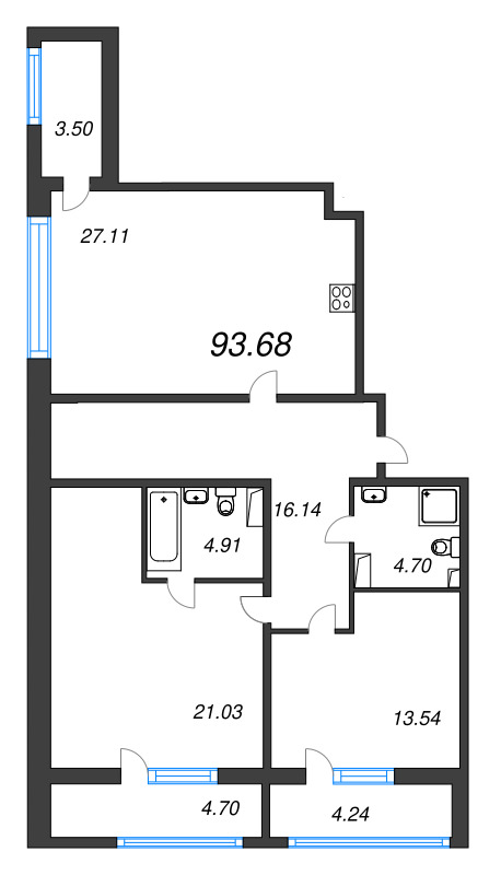 3-комнатная (Евро) квартира, 95.8 м² в ЖК "Аквилон Ливз" - планировка, фото №1