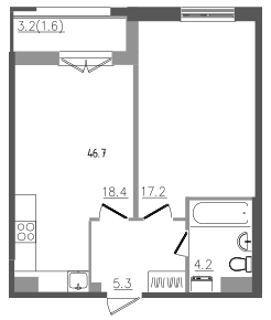 2-комнатная (Евро) квартира, 46.7 м² - планировка, фото №1