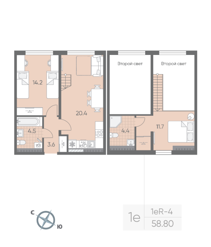 3-комнатная (Евро) квартира, 58.8 м² в ЖК "Пулково Lake" - планировка, фото №1