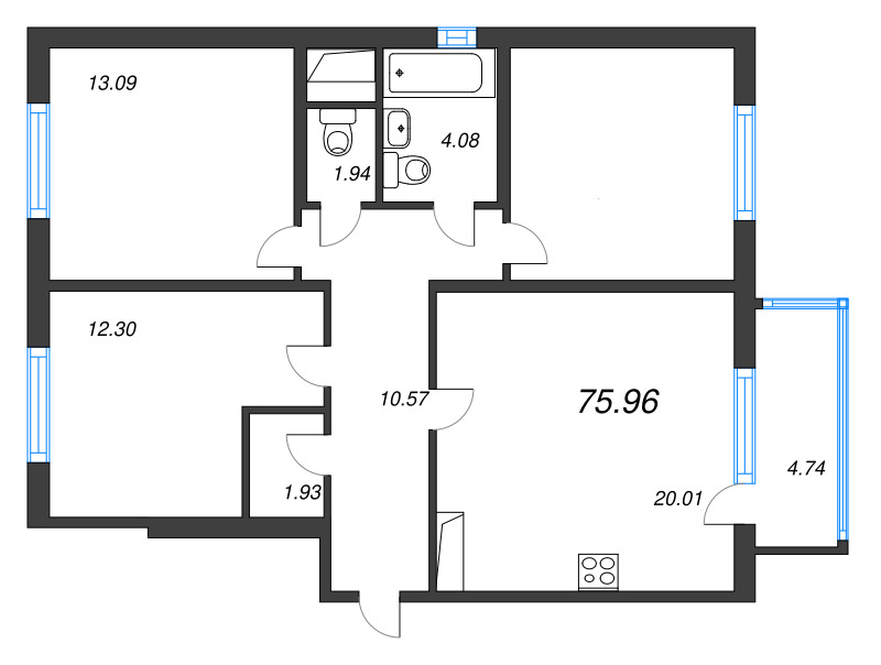 4-комнатная (Евро) квартира, 75.96 м² в ЖК "ЮгТаун" - планировка, фото №1