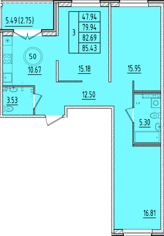 3-комнатная квартира, 79.94 м² - планировка, фото №1