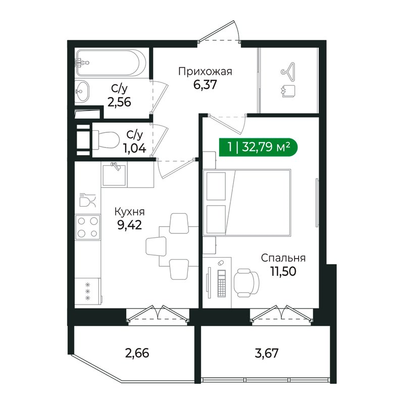 1-комнатная квартира, 30.8 м² в ЖК "Сертолово Парк" - планировка, фото №1