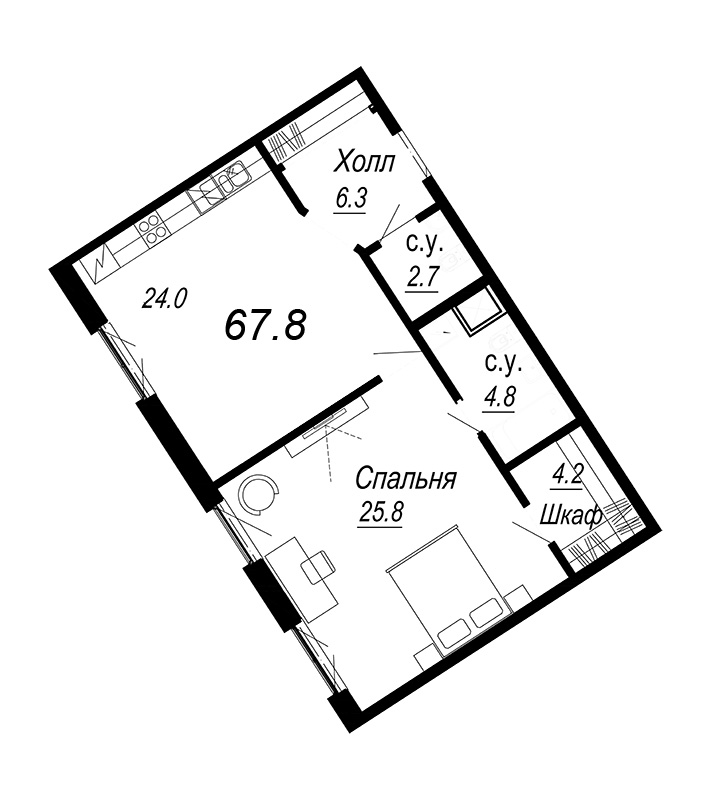 2-комнатная (Евро) квартира, 68 м² - планировка, фото №1