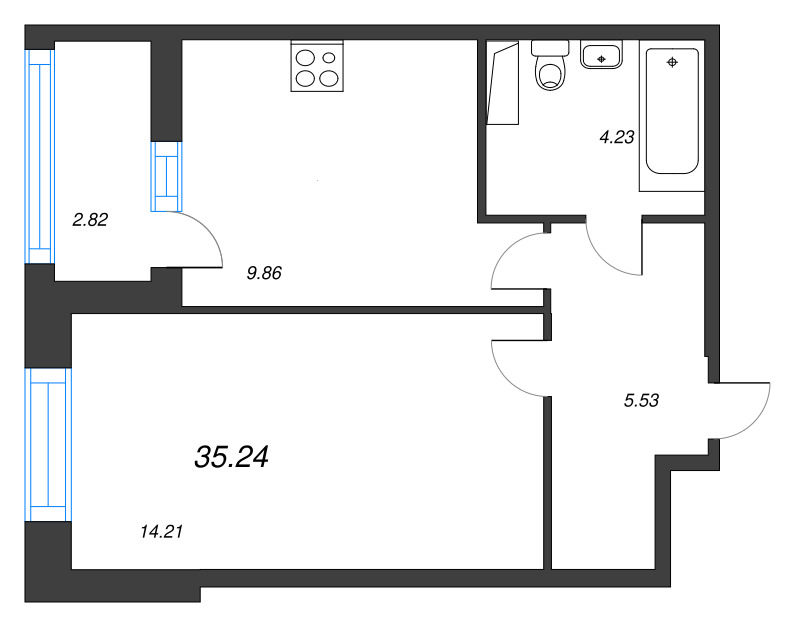 1-комнатная квартира, 35.24 м² - планировка, фото №1