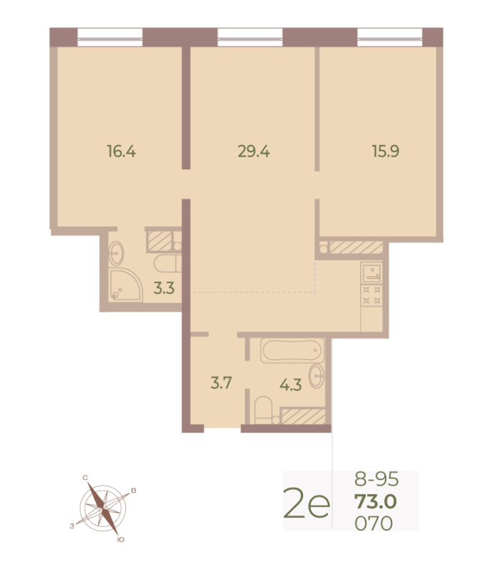 3-комнатная (Евро) квартира, 72.8 м² - планировка, фото №1