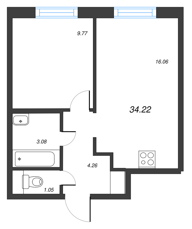2-комнатная (Евро) квартира, 34.22 м² - планировка, фото №1