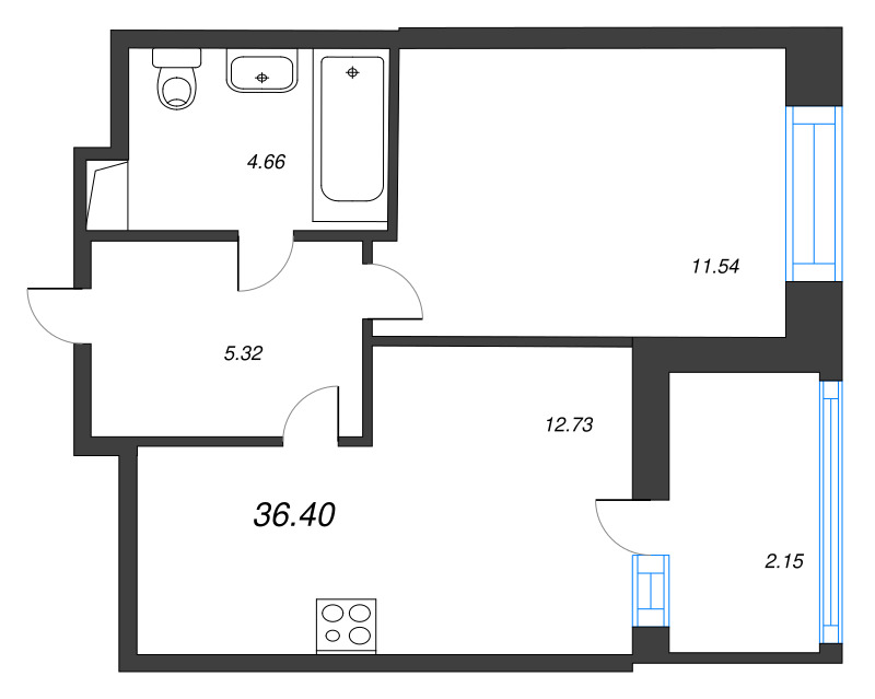 2-комнатная (Евро) квартира, 36.4 м² - планировка, фото №1