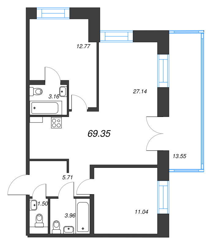 3-комнатная (Евро) квартира, 69.35 м² - планировка, фото №1