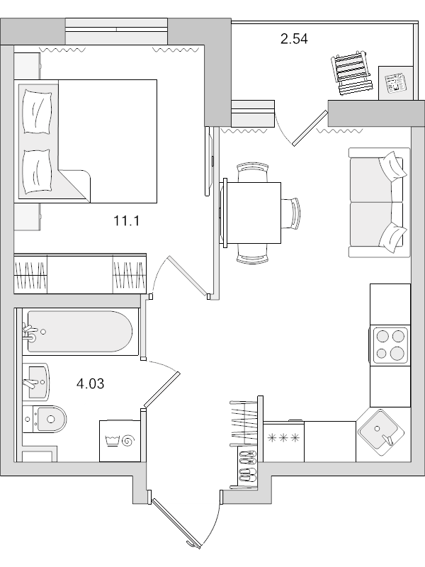 1-комнатная квартира, 34.51 м² в ЖК "Новые горизонты" - планировка, фото №1