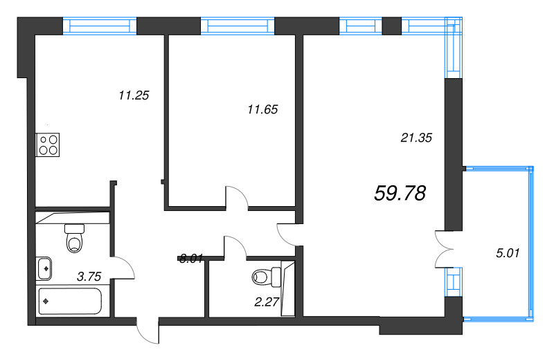 2-комнатная квартира, 59.78 м² в ЖК "Арт Парк" - планировка, фото №1