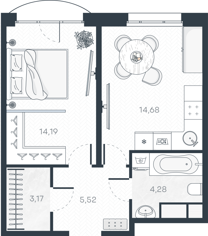1-комнатная квартира, 42.59 м² в ЖК "MONODOM-ART" - планировка, фото №1