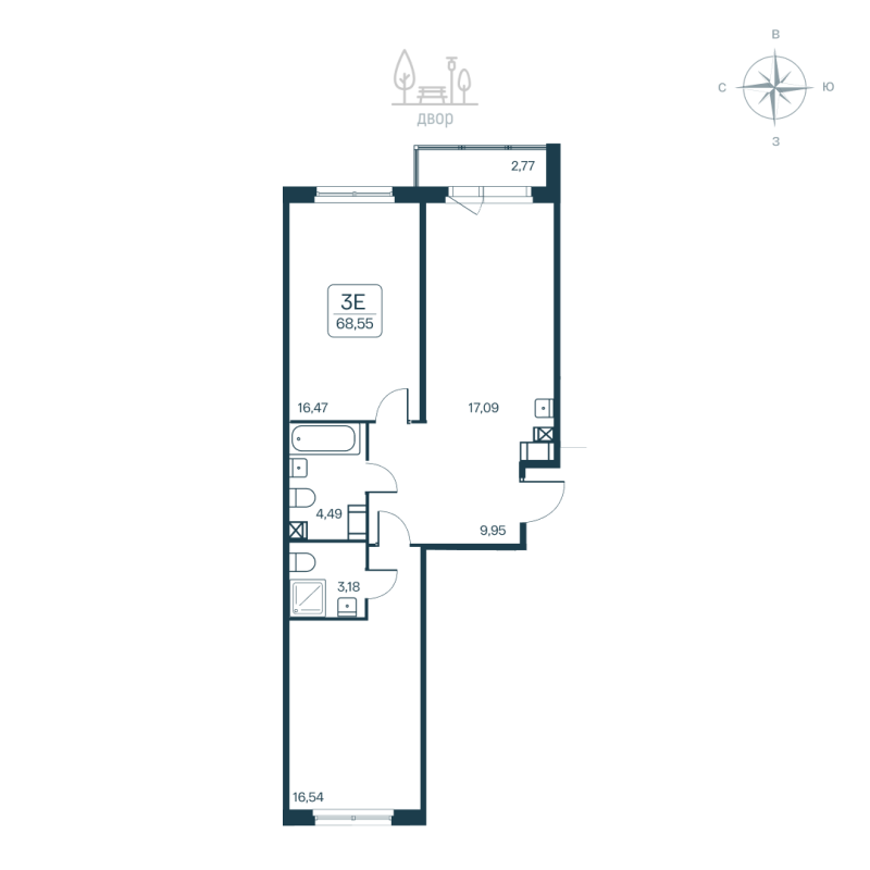 3-комнатная (Евро) квартира, 68.55 м² - планировка, фото №1