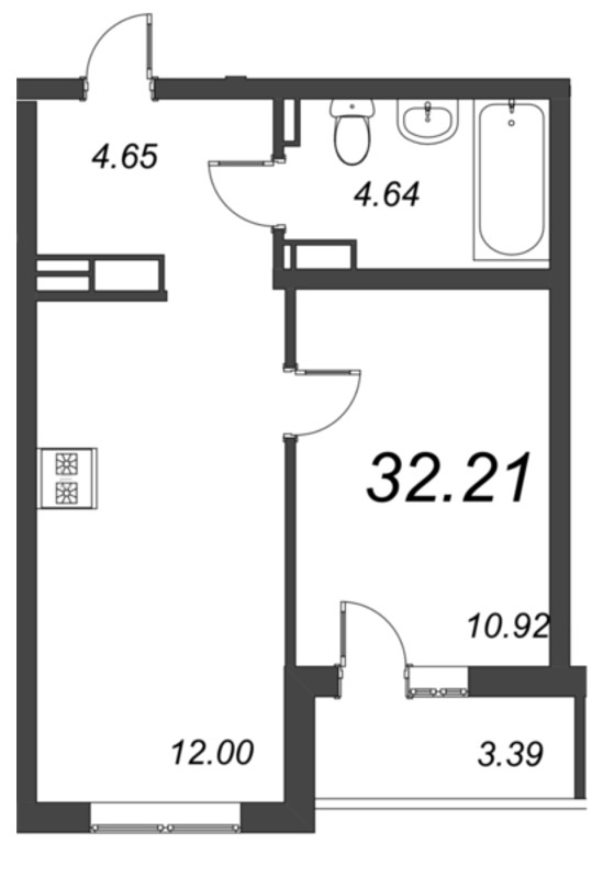 1-комнатная квартира, 28.91 м² - планировка, фото №1
