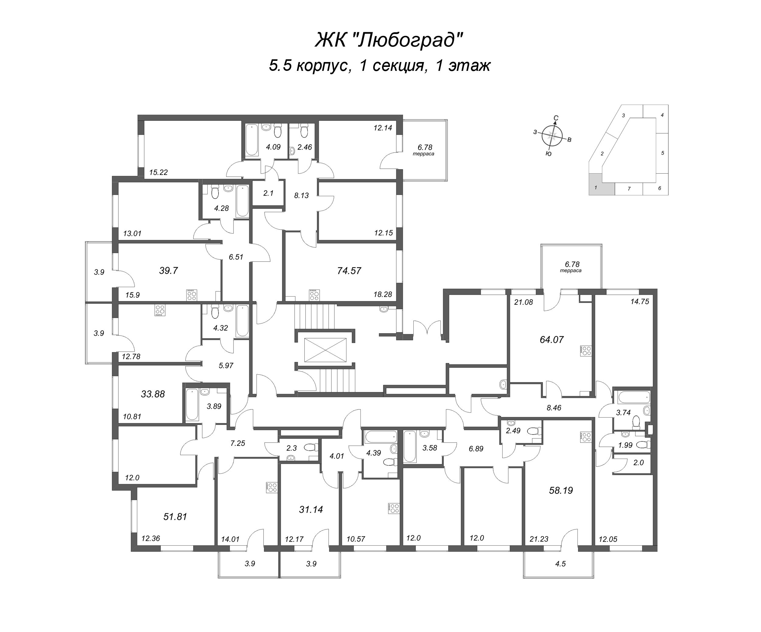 2-комнатная квартира, 51.81 м² - планировка этажа