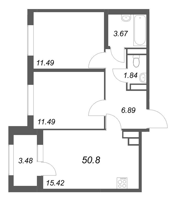 3-комнатная (Евро) квартира, 50.8 м² в ЖК "Дубровский" - планировка, фото №1