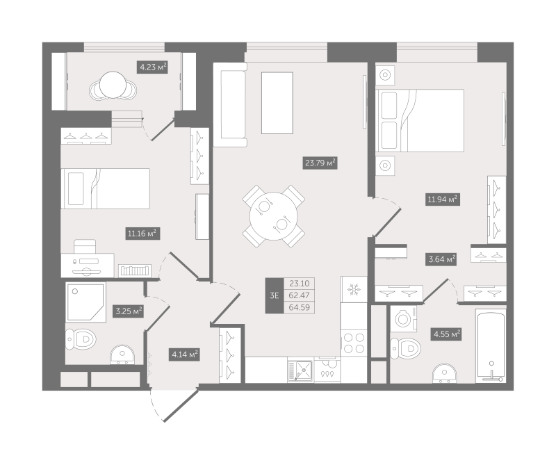 3-комнатная (Евро) квартира, 64.59 м² в ЖК "UP-квартал "Воронцовский"" - планировка, фото №1