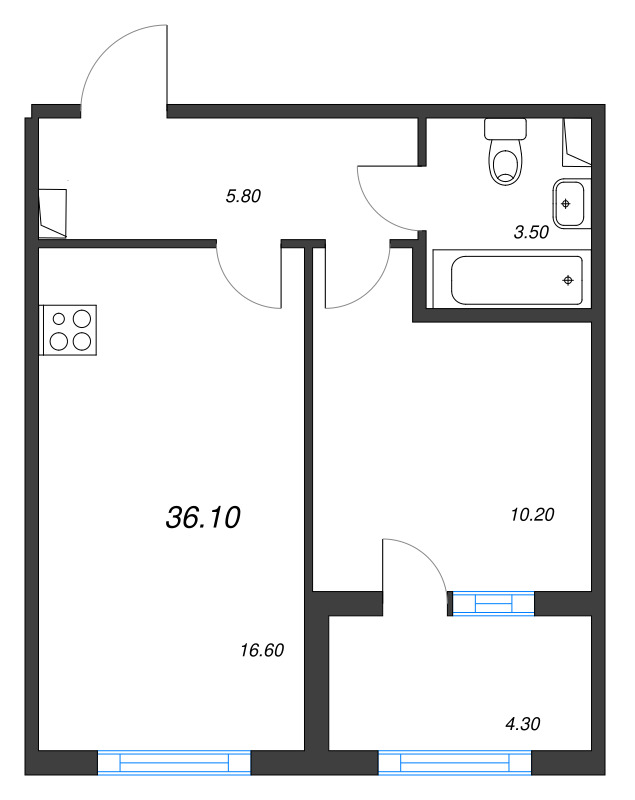 2-комнатная (Евро) квартира, 36.1 м² - планировка, фото №1