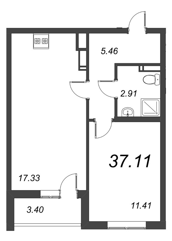 2-комнатная (Евро) квартира, 37.11 м² в ЖК "Чёрная речка от Ильича" - планировка, фото №1