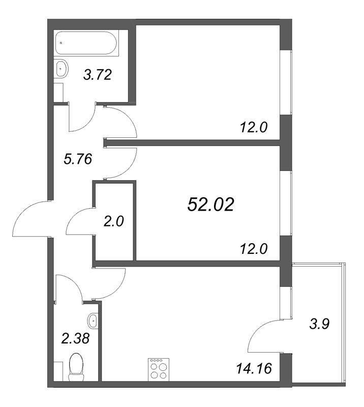 2-комнатная квартира, 52.02 м² - планировка, фото №1