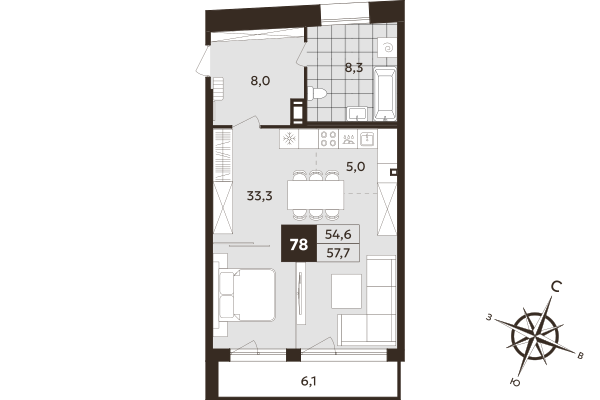 Квартира-студия, 54.6 м² в ЖК "Дом на Бронницкой" - планировка, фото №1