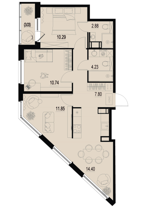 3-комнатная (Евро) квартира, 63.71 м² в ЖК "ID Murino III" - планировка, фото №1