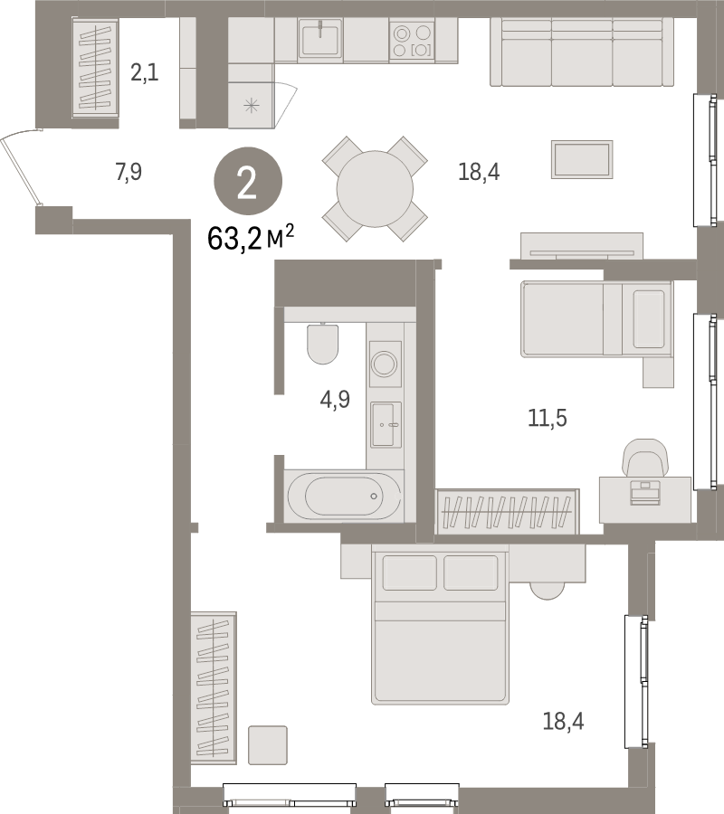 3-комнатная (Евро) квартира, 63.2 м² - планировка, фото №1